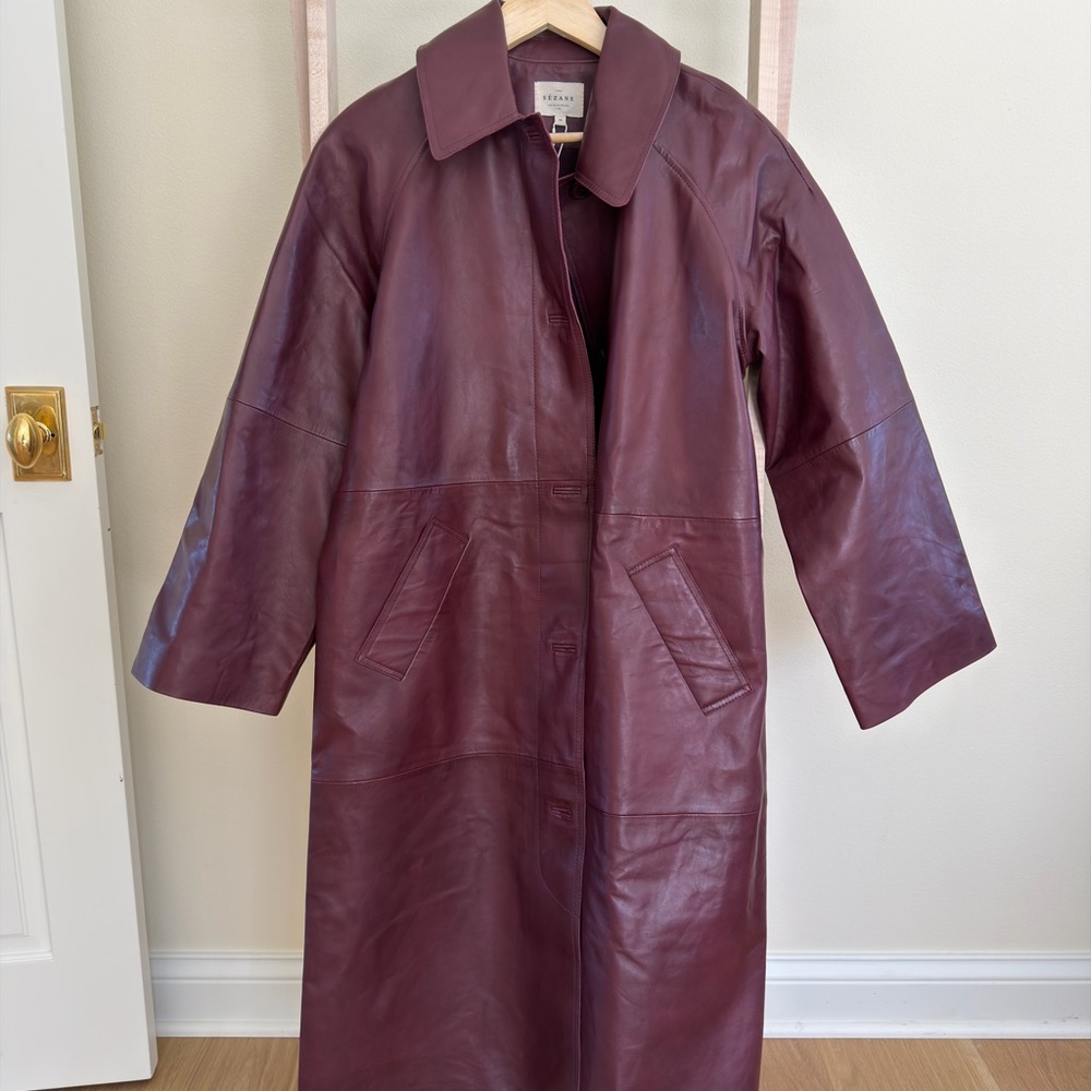 Sezane Dark Burgundy Leather Coat